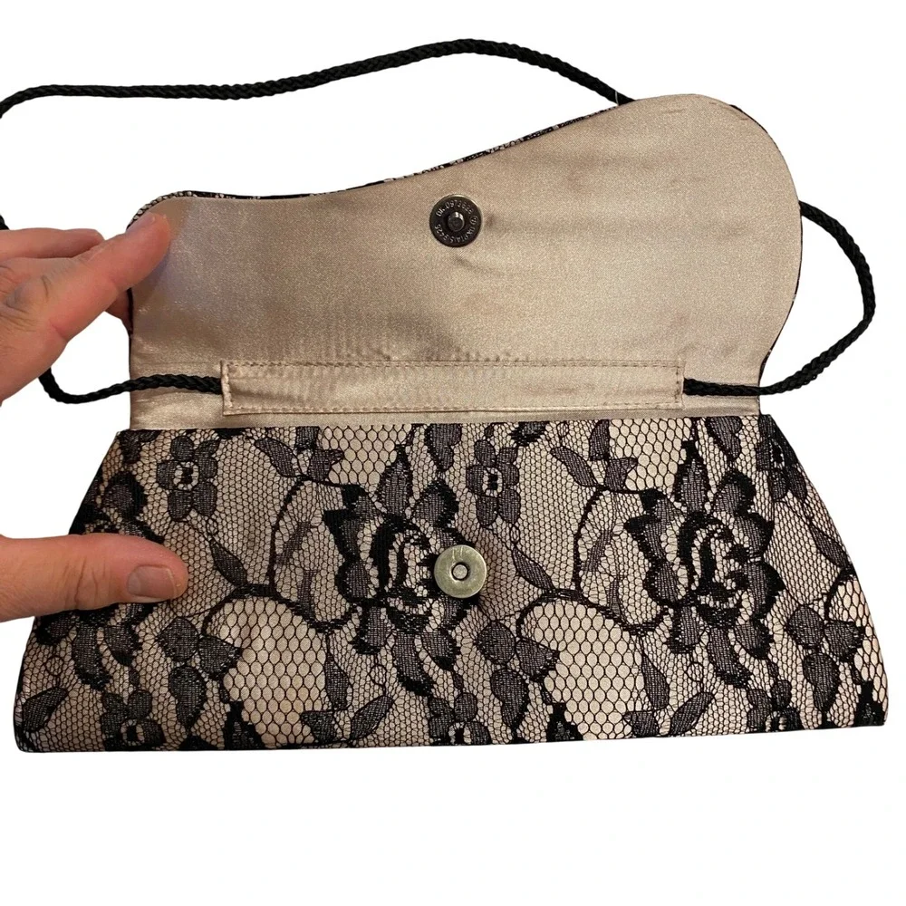 Gunne Sax Jessica McClintock Black Lace Champagne Satin Evening Clutch Bag NWT